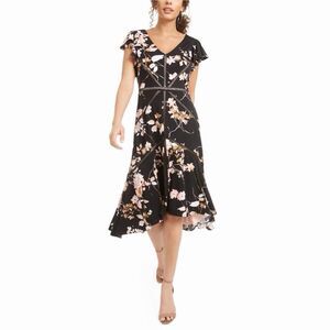 Taylor Womens Floral Midi Hi-low Dress, black Short Sleeve Size 14